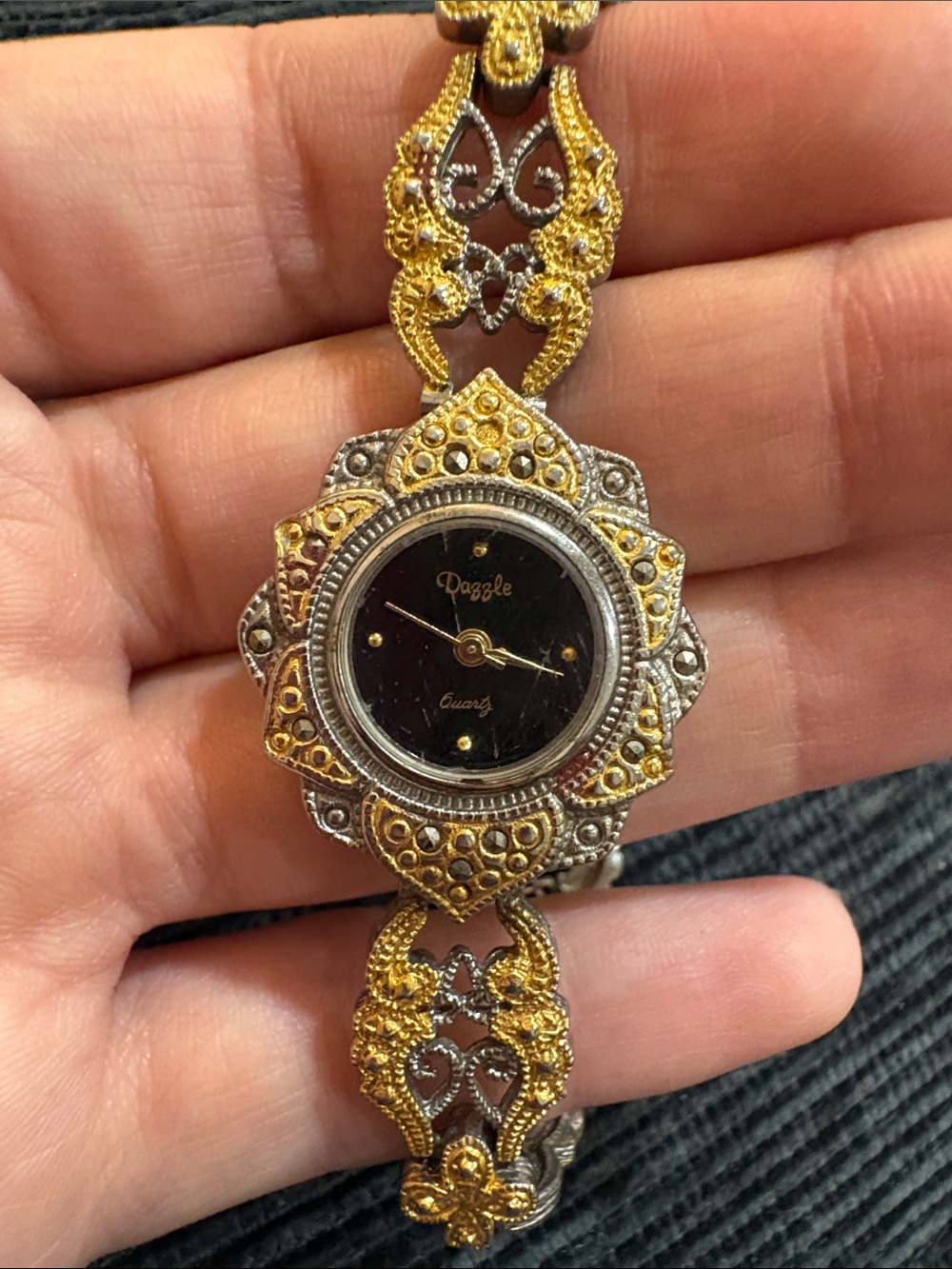 Vintage Two-Tone Gold & Silver Floral Bracelet Watch -